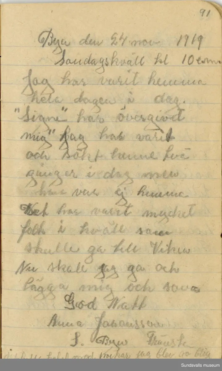 Dagbok skriven mellan åren 1919 och1920. 
Dagboken är skriven under Annas ungdomsår och handlar bland annat om biobesök, samvaro med vänner och arbete hemma på gården. Flera visor är också nedtecknade i boken.

Anna Johansson föddes på en bondgård i Byn, Torp. 
Hon arbetade som hushållerska, först hos sina föräldrar och senare hos syskon. Hon tillhörde Torp-Stöde missionsförsamlin