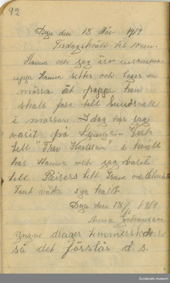 Dagbok. Anna Johansson (1903-1974)

Anna Johansson föddes på en bondgård i Byn, Torp. Anna arbetade som hushållerska, först hos sina föräldrar och senare hos syskon. Hon tillhörde Torp-Stöde missionsförsamling. 
Anteckningarna, skrivna mellan 1919-1920, handlar bland annat om biobesök, samvaro med vänner och arbete hemma på gården. Flera visor är också nedtecknade i boken.

För komplett dagbok se länkade filer