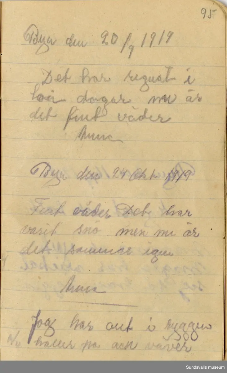 Dagbok. Anna Johansson (1903-1974)

Anna Johansson föddes på en bondgård i Byn, Torp. Anna arbetade som hushållerska, först hos sina föräldrar och senare hos syskon. Hon tillhörde Torp-Stöde missionsförsamling. 
Anteckningarna, skrivna mellan 1919-1920, handlar bland annat om biobesök, samvaro med vänner och arbete hemma på gården. Flera visor är också nedtecknade i boken.

För komplett dagbok se länkade filer