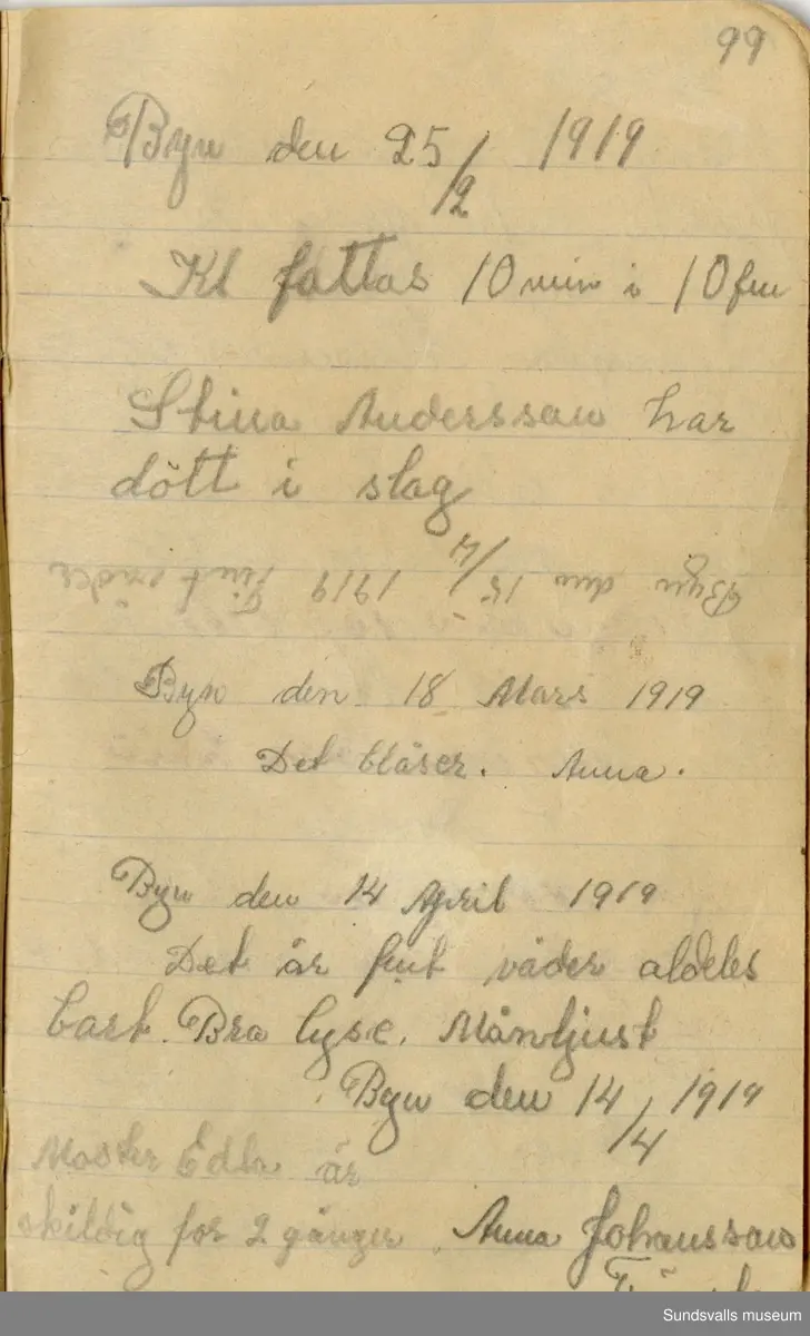 Dagbok skriven mellan åren 1919 och1920. 
Dagboken är skriven under Annas ungdomsår och handlar bland annat om biobesök, samvaro med vänner och arbete hemma på gården. Flera visor är också nedtecknade i boken.

Anna Johansson föddes på en bondgård i Byn, Torp. 
Hon arbetade som hushållerska, först hos sina föräldrar och senare hos syskon. Hon tillhörde Torp-Stöde missionsförsamlin