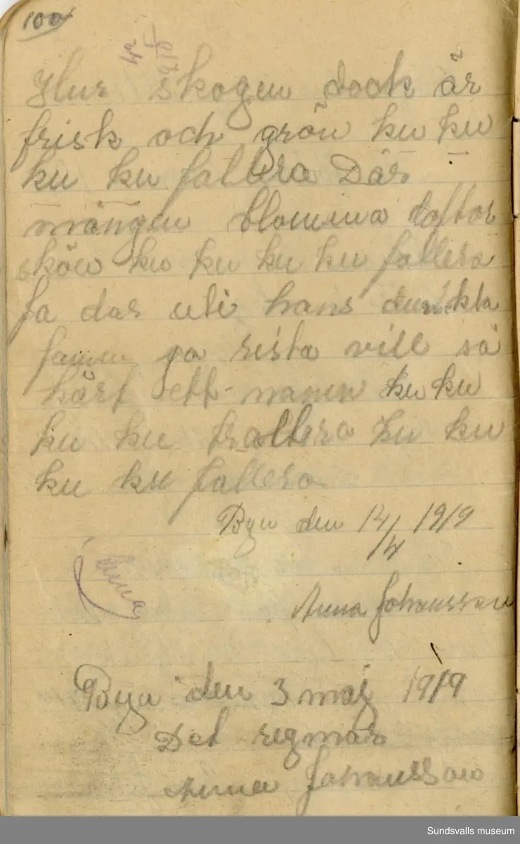 Dagbok. Anna Johansson (1903-1974)

Anna Johansson föddes på en bondgård i Byn, Torp. Anna arbetade som hushållerska, först hos sina föräldrar och senare hos syskon. Hon tillhörde Torp-Stöde missionsförsamling. 
Anteckningarna, skrivna mellan 1919-1920, handlar bland annat om biobesök, samvaro med vänner och arbete hemma på gården. Flera visor är också nedtecknade i boken.

För komplett dagbok se länkade filer