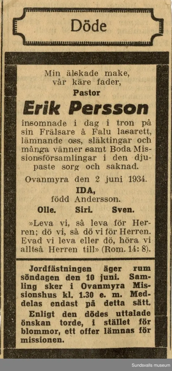 Dagbok. Anna Johansson (1903-1974)

Anna Johansson föddes på en bondgård i Byn, Torp. Anna arbetade som hushållerska, först hos sina föräldrar och senare hos syskon. Hon tillhörde Torp-Stöde missionsförsamling. 
Anteckningarna, skrivna mellan 1919-1920, handlar bland annat om biobesök, samvaro med vänner och arbete hemma på gården. Flera visor är också nedtecknade i boken.

För komplett dagbok se länkade filer