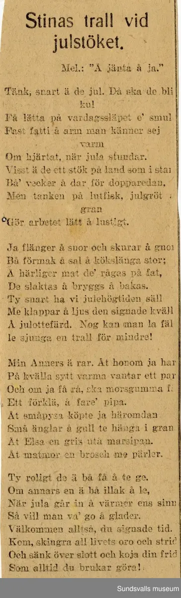 Dagbok. Anna Johansson (1903-1974)

Anna Johansson föddes på en bondgård i Byn, Torp. Anna arbetade som hushållerska, först hos sina föräldrar och senare hos syskon. Hon tillhörde Torp-Stöde missionsförsamling. 
Anteckningarna, skrivna mellan 1919-1920, handlar bland annat om biobesök, samvaro med vänner och arbete hemma på gården. Flera visor är också nedtecknade i boken.

För komplett dagbok se länkade filer