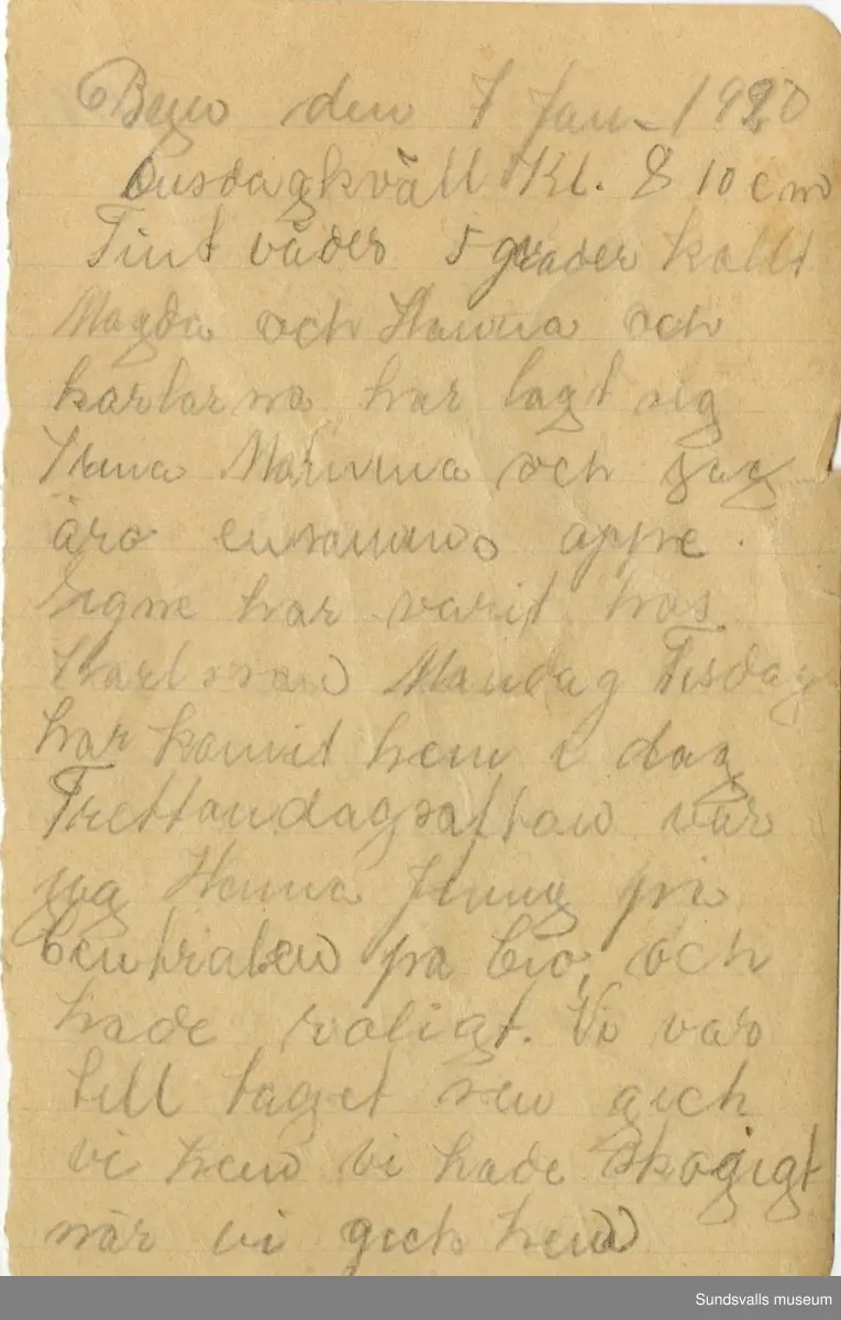 Dagbok skriven mellan åren 1919 och1920. 
Dagboken är skriven under Annas ungdomsår och handlar bland annat om biobesök, samvaro med vänner och arbete hemma på gården. Flera visor är också nedtecknade i boken.

Anna Johansson föddes på en bondgård i Byn, Torp. 
Hon arbetade som hushållerska, först hos sina föräldrar och senare hos syskon. Hon tillhörde Torp-Stöde missionsförsamlin