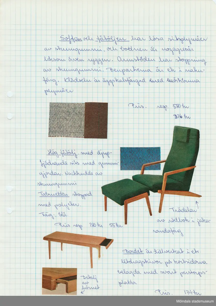 "Mitt hem" är en arbetsuppgift för hemkunskapen. Tillverkaren/ägaren gick i flickskola och ägnade mycket tid åt att skriva, måla, klippa, klistra och sammanställa häftet på bästa sätt.

"Norge är en arbetsuppgift i ämnet geografi, att utförligt skriva om ett europeiskt land. Även här är texten förstärkt med bilder. 

Givaren/tillverkaren älskade att göra denna typ av arbetsuppgifter. Leta bilder samla fakta och sammanställa allt estetiskt och mycket noggrannt. i båda häftena finns många personliga inslag och stor påverkan av tidsandan under 1960-talet.
