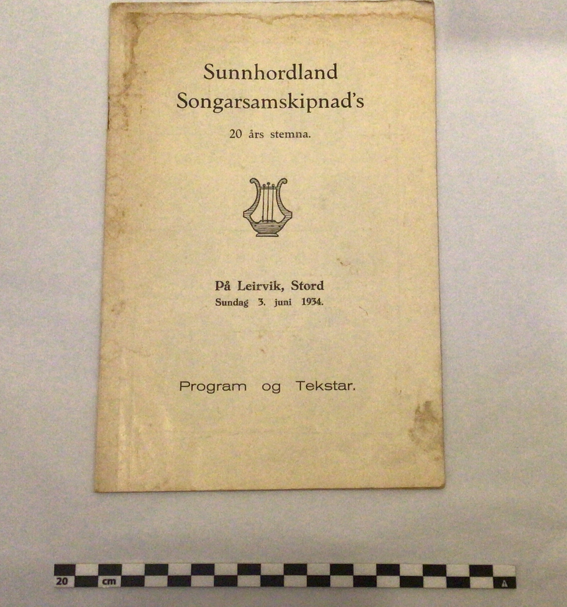 Programhefte med tekstar til songstemne på Leirvik, Stord, Sundag 3.juni 1934