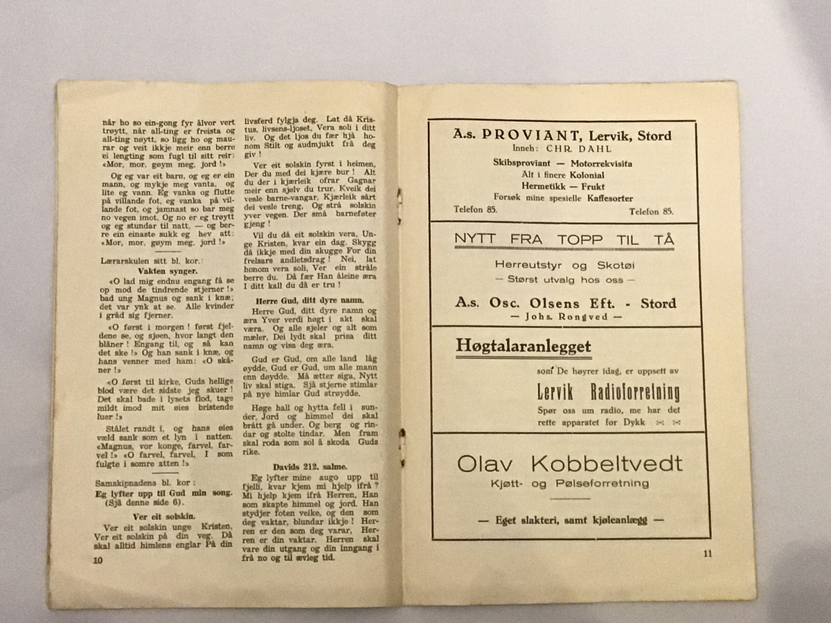 Programhefte med tekstar til songstemne på Leirvik, Stord, Sundag 3.juni 1934
