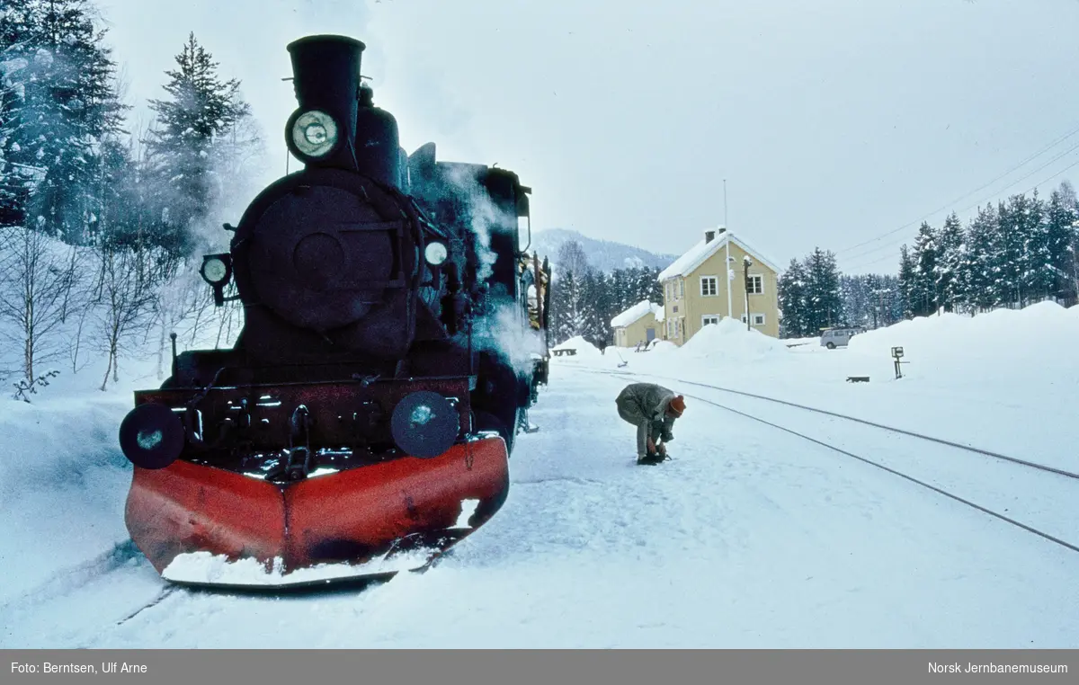 Damplokomotiv type 21b nr. 225 med godstog til Kongsberg på Lampeland stasjon