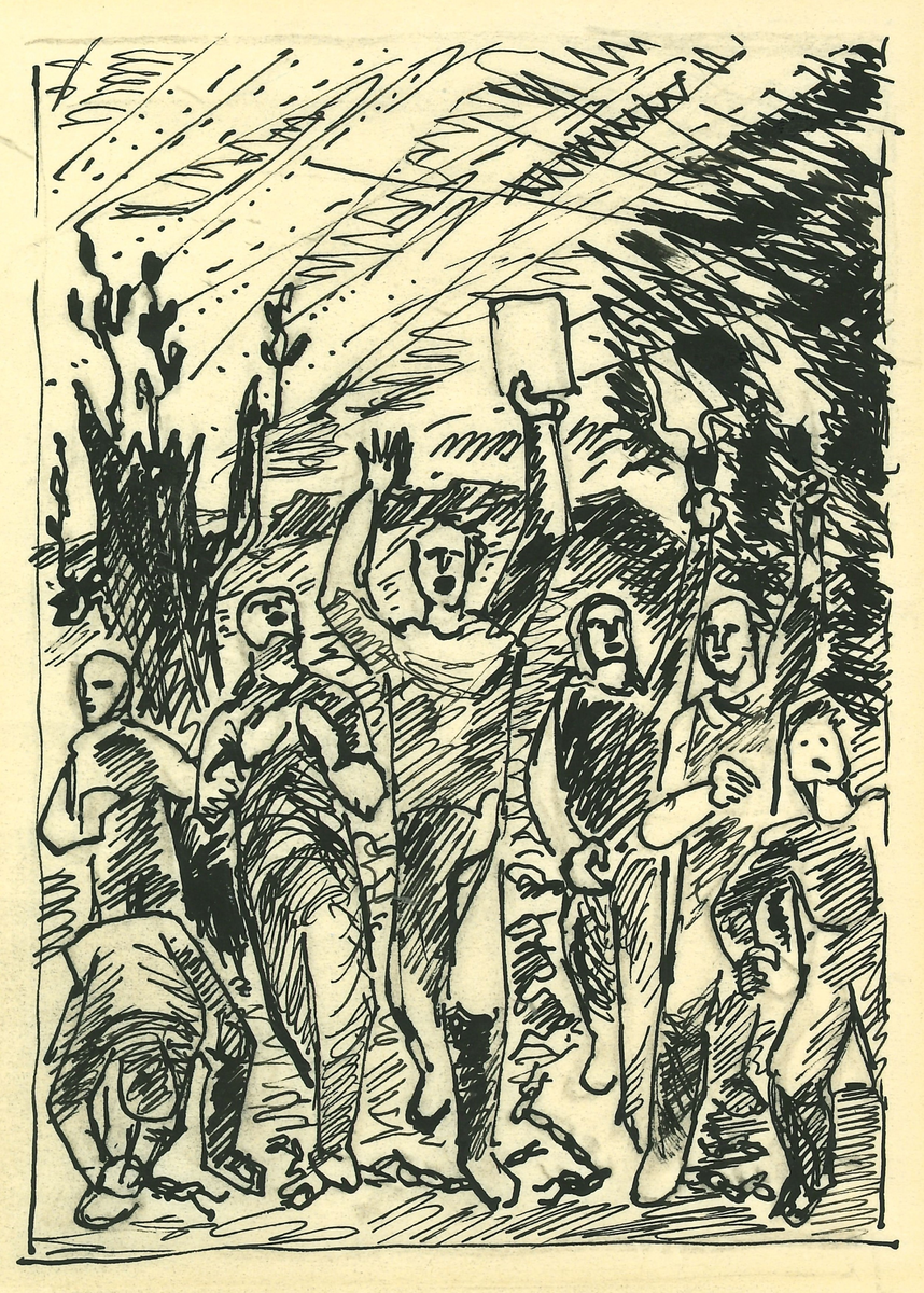 Utkast til ubenyttet illustrasjon for Friheten og fedrelandet (1945).