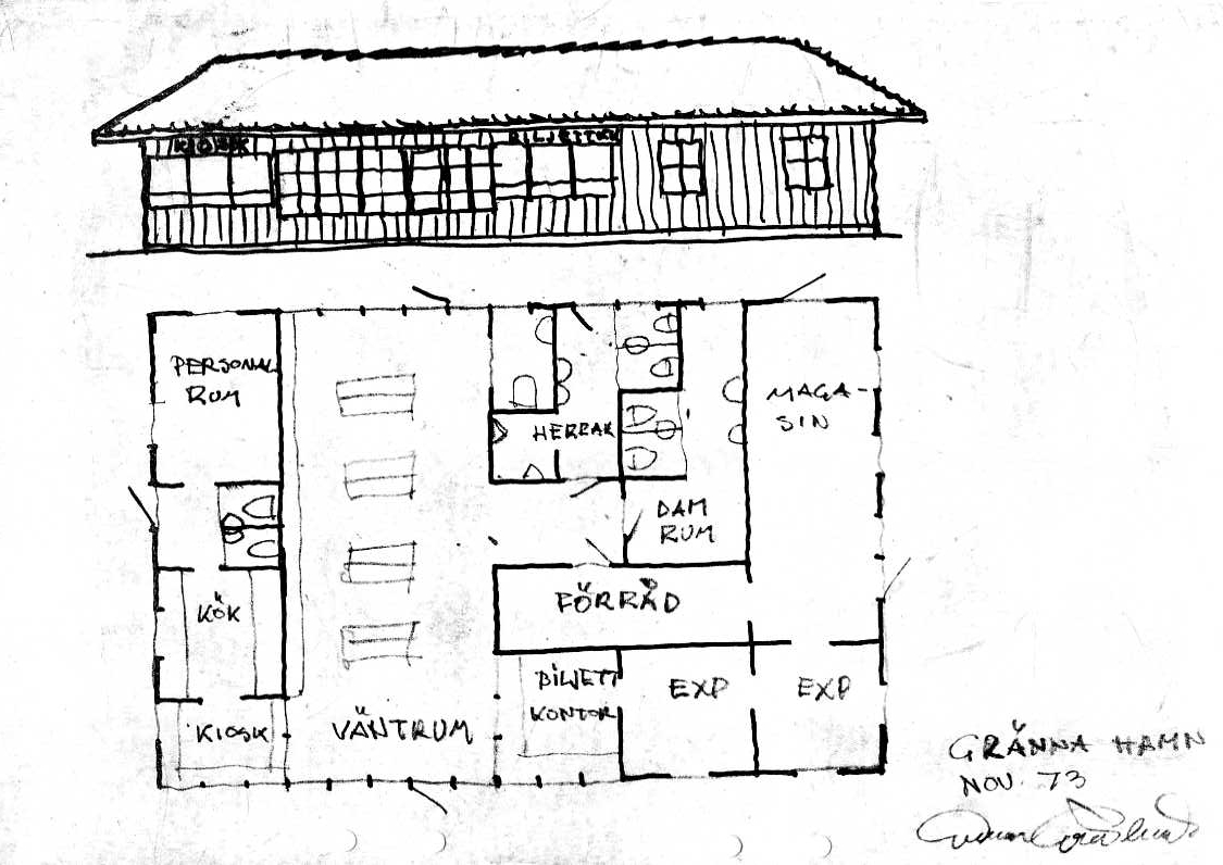 Tre ritningskopior (A4) av Hamnkontor i Gränna: exteriör och interiör. Daterade nov 1973 respektive feb 1974