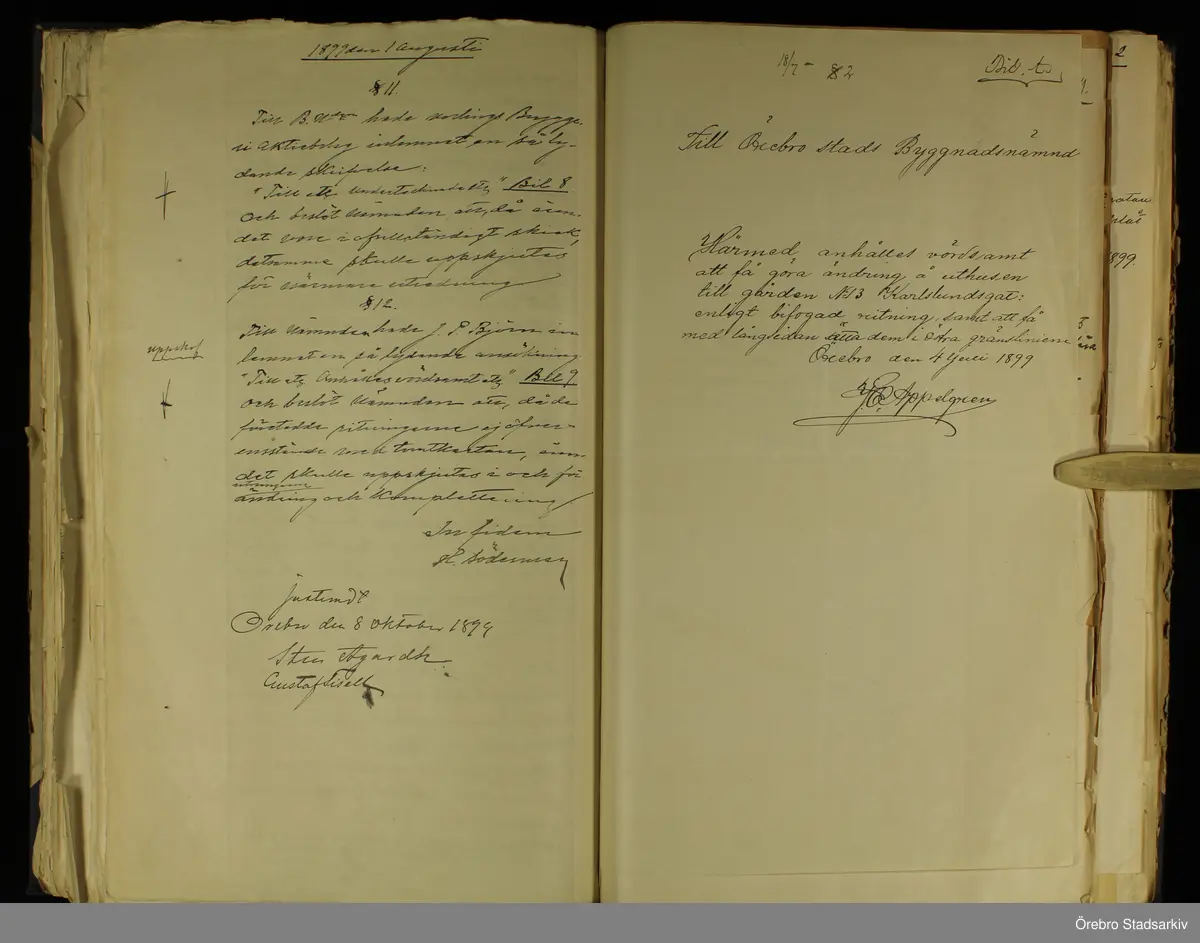 Örebro stad Byggnadsnämnden, 1899. Protokoll, § 11, 12, bilaga A § 2