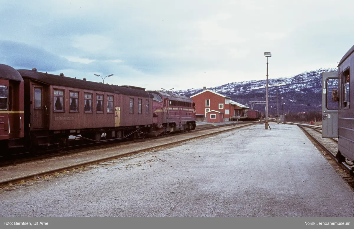 Diesellokomotiv Di 3 med nattoget fra Trondheim til Bodø, tog 455, på Fauske stasjon