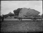 Vrak efter militärt flygplan Etrich Taube A.II tillhörande Österrike-Ungern lastat på en vagn efter häst för transport. En man står vid vagnen.