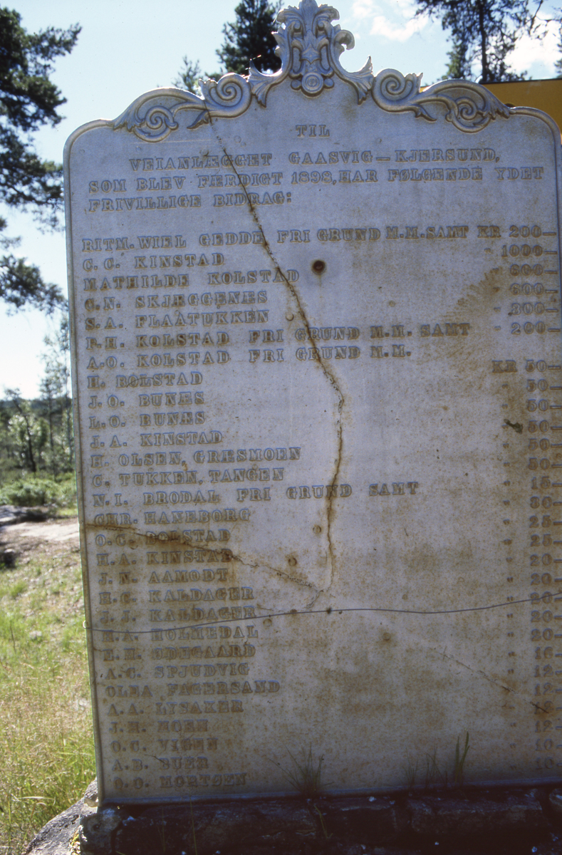 Støtte med navn på bidragsytere til bygging av vei Gåsvik 1898 – Kjersund på Setskog. Ved rv 21.