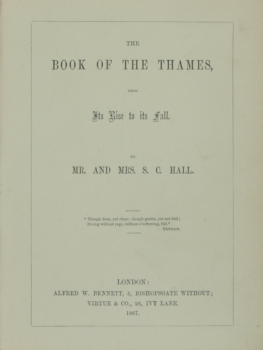 Bok med innlimte albuminfotografier fra elven Thames. Fotografert av Frances Frith. Den første utgaven av boken var illustrert med over 300 tresnitt, mens denne utgaven kom med 15 fotografier på 10 x 14 cm, og et ovalt fotografi på bokens omslag. Publisert av Aldred W. Bennett. virtue & Co. i 1869 kom 2. utg., men den gang publisert av Cassell, Petter and Galphin i London.