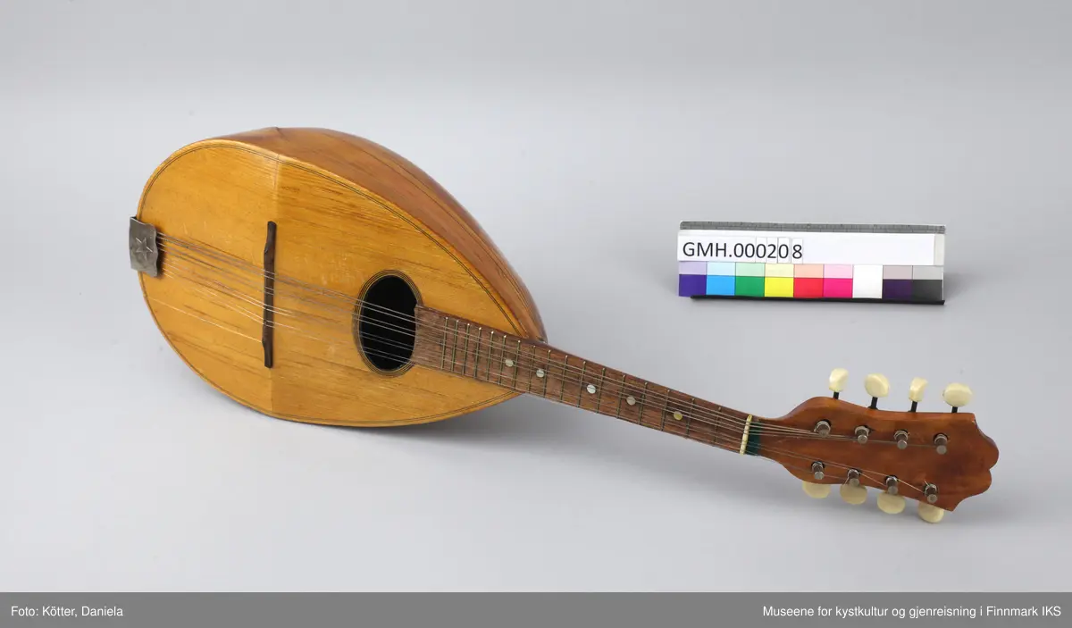 Mandolin med pæreformet resonanskasse, avvinklet lokk, en sterk hvelvet bunn, kort hals og åtte strenger. Instrumentet er produsert i Italia.