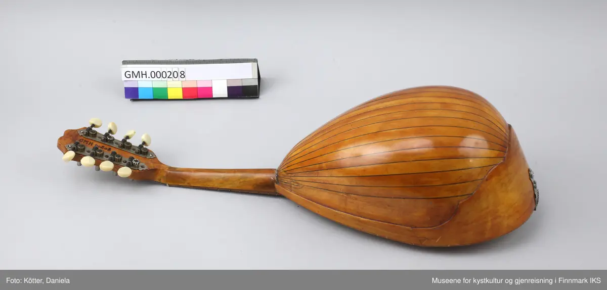 Mandolin med pæreformet resonanskasse, avvinklet lokk, en sterk hvelvet bunn, kort hals og åtte strenger. Instrumentet er produsert i Italia.