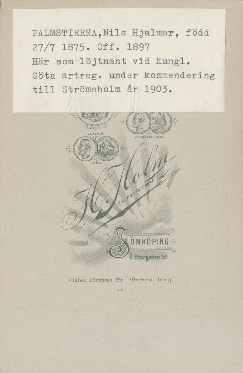 Porträtt av Nils Hjalmar Palmstierna, löjtnant vid Göta artilleriregemente.