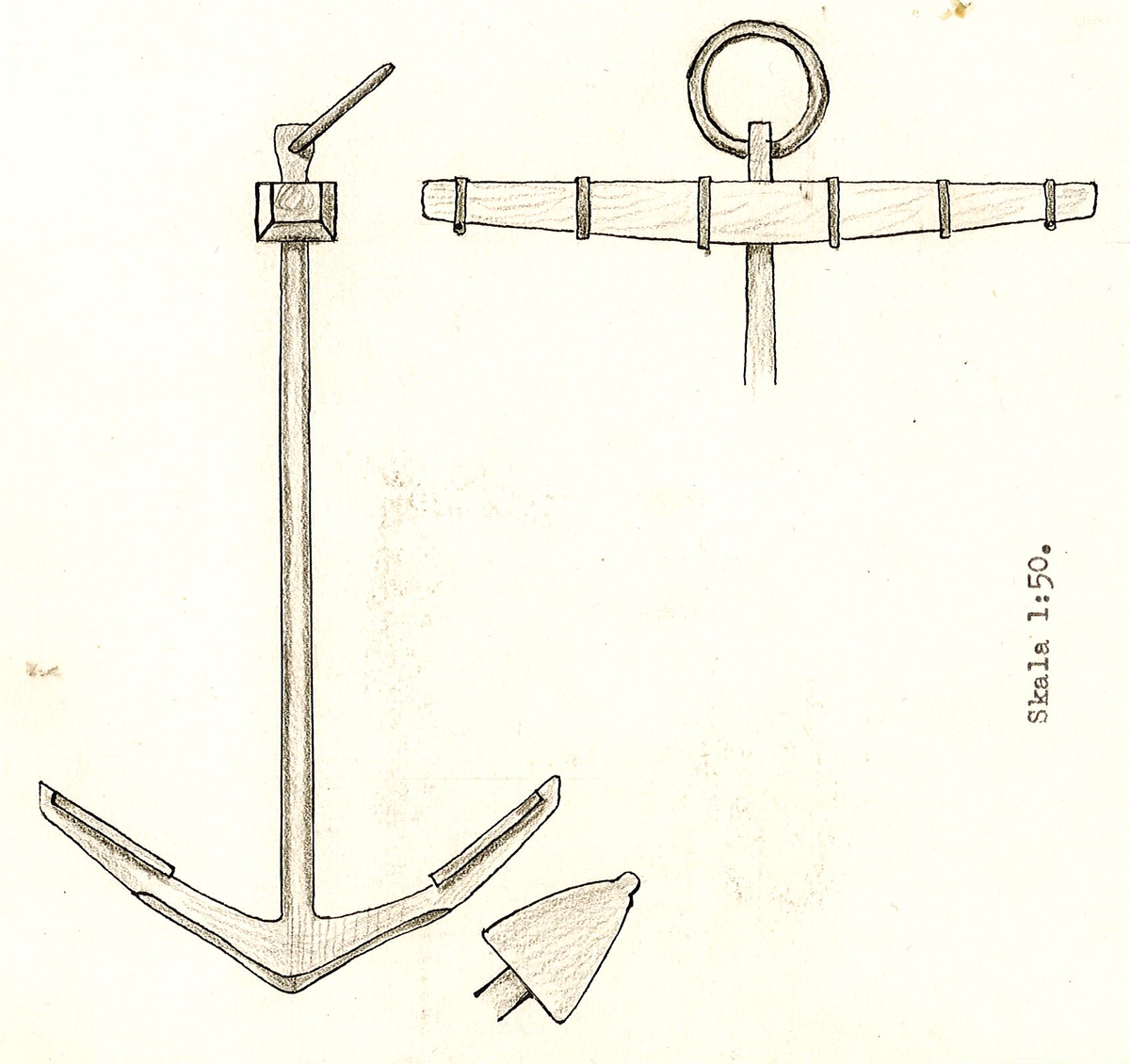 Stockankare. Stocken av ek. Nytillverkad 1934. Ankaret  omärkt. Vikt 4000 kg.
