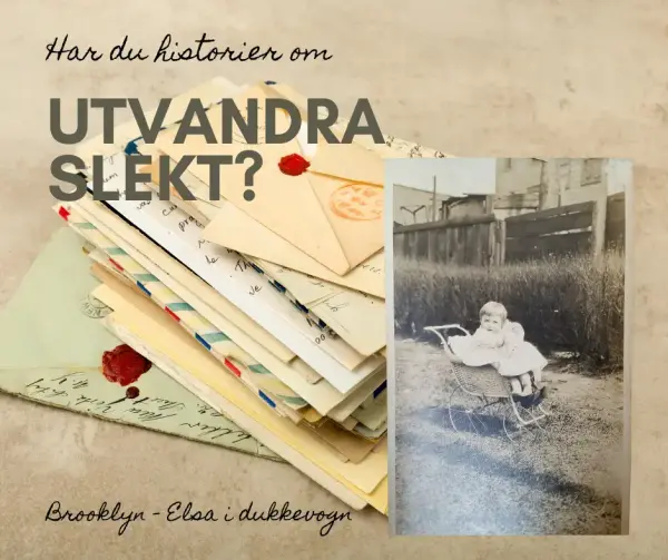 Bunke med gamle amerikabrev og en svarthvitt foto av en liten jente i dukkevogn i en hage i Brooklyn