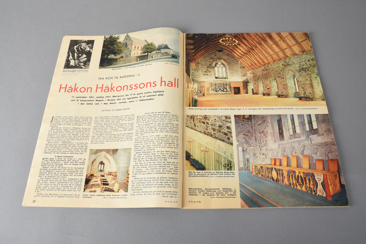 Heftet ukeblad i rektangulær form. 112 sider. Svart/hvitt-foto og fargefoto. Inneholder artikler, leserinnlegg, reklameannonser, noveller, informasjon om Håkonshallen m.m.