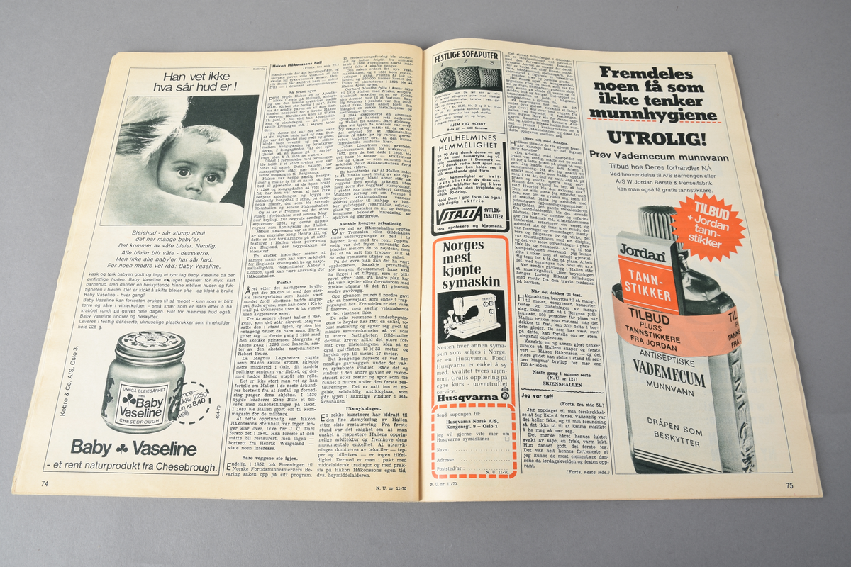 Heftet ukeblad i rektangulær form. 112 sider. Svart/hvitt-foto og fargefoto. Inneholder artikler, leserinnlegg, reklameannonser, noveller, informasjon om Håkonshallen m.m.
