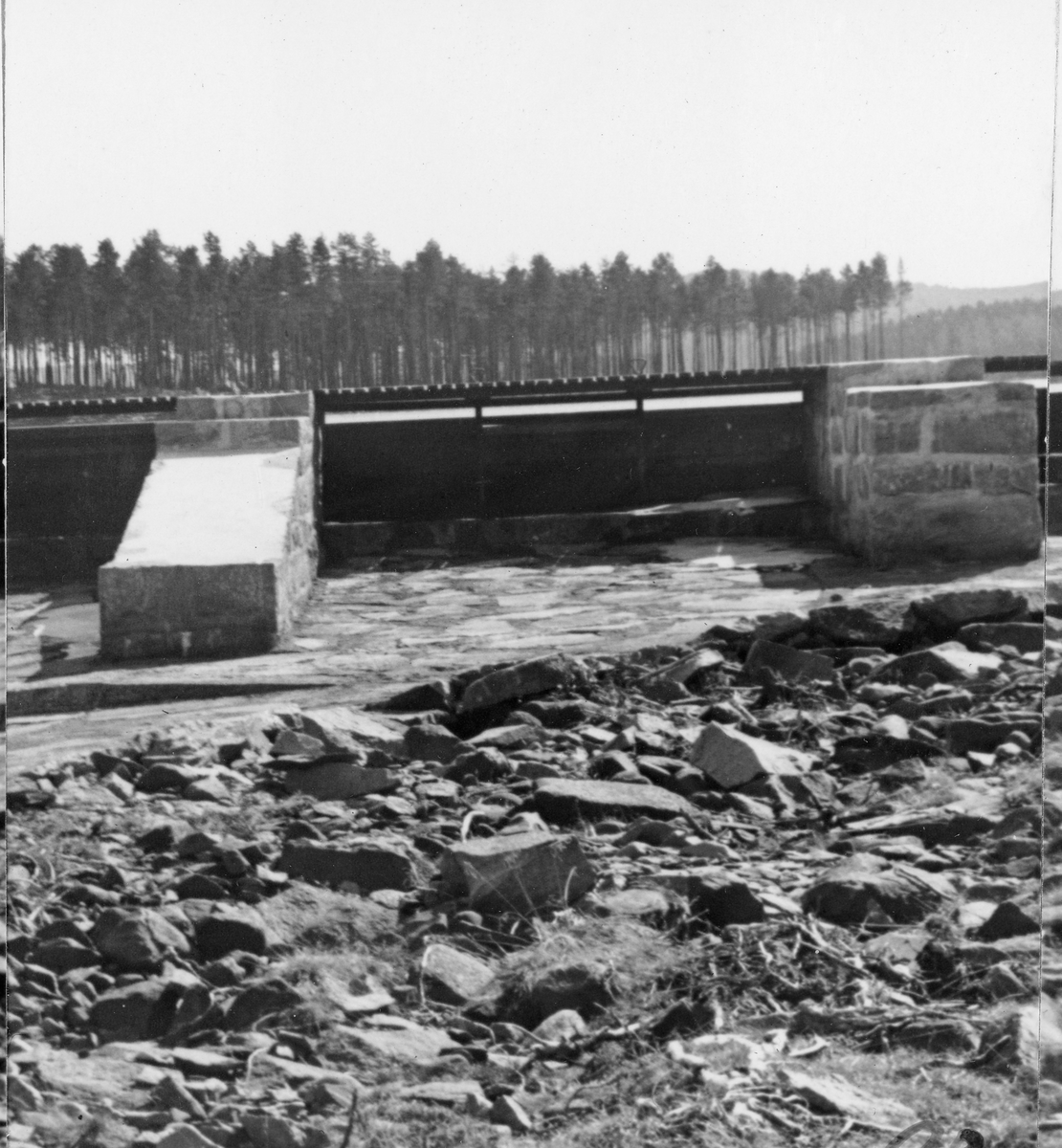 Fra Rokosjødammen i Løten i Hedmark, fotografert nedenfra, altså i motstrøms retning. Dammen ligger ved Rokoelvas (Svartelvas) utløp fra den vestre enden av sjøen. Her var den 4 kilometer lange og opptil 1,5 kilometer brede Rokosjøen regulert ved hjelp av en dam med kar som var murt av kvadret naturstein. På den tredelte panoramamontasjen dette fotografiet er den midtre delen av ser vi seks løp (jfr. SJF.1989-03761 og SJF.1989-03763). I tillegg var det antakelig et avløp under det lille bordkledde bindingsverkshuset på damkrona, til venstre i bildet, som antas å ha vært et lukehus. På tvers av løpene gikk det ei trebru. Fotografiet ble tatt 1. mai 1942. På dette tidspunktet var sjøen nedtappet, slik at det ikke rant vann gjennom dammen.

Rokosjøen ble ifølge Gunnar Sætrens bok «Beskrivelse af Glommen» (1904) regulert med en dam allerede i 1830, Målet var å husholdere med vannet til beste for kverner, møller, sagbruk og etter hvert også andre industriforetak ved Svartelva, som hadde mange dammer og fall før den etter snaut to mil nådde Åkersvika i Mjøsa. Den Rokosjødammen vi ser på dette fotografiet ble bygd i 1937-38 - jfr. fanen «Opplysninger».

I Glomma fellesfløtingsforenings album inngår dette motivet i en todelt montasje - jfr. SJF.1989-03762.