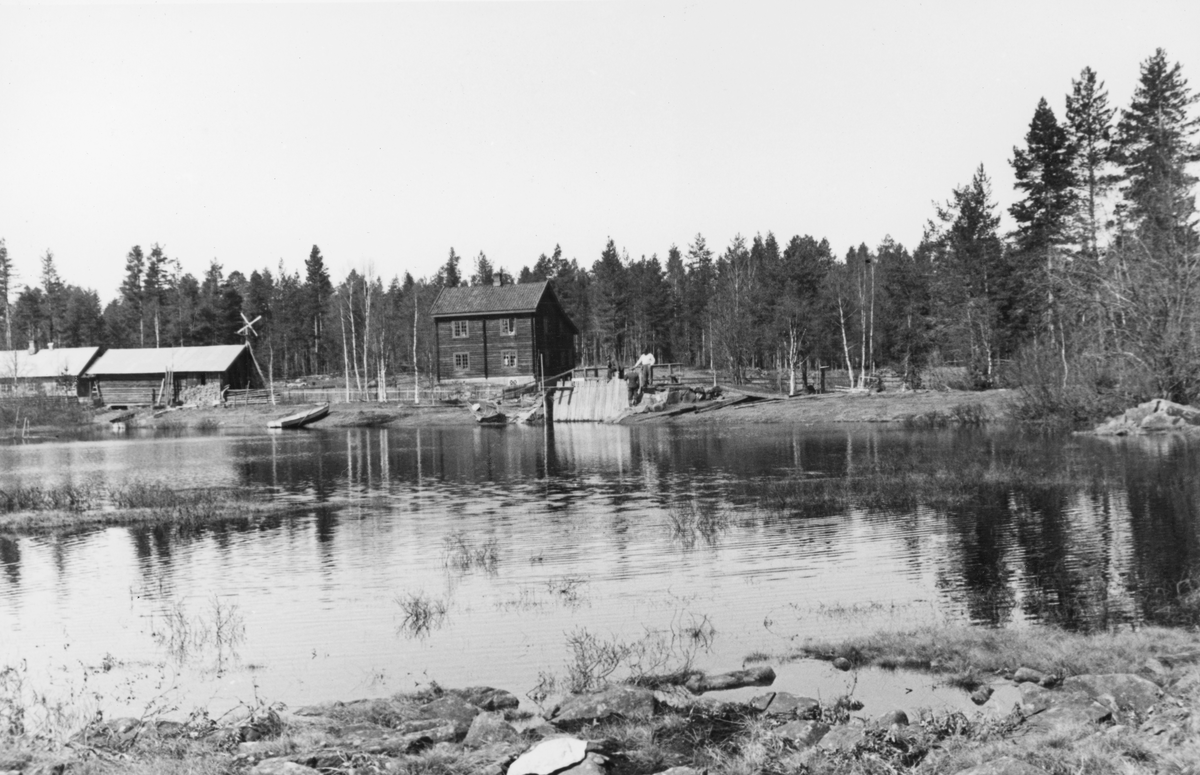 Fra Gjetholmsjøen eller Geitholmsjøen i Romedal (Stange).  Fotografiet er tatt over en del av vannspeilet mot sjøens vestre bredd, der det er en nåledam, som da dette fotografiet ble tatt var «satt» (stengt).  På dambrua sto en mann med lys skjorte, muligens damvokteren.  Like til venstre for dammen lå det flere bygninger, aller nærmest et toetasjes laftehus, tilsynelatende med et utbygg på den langveggen som vender fra fotografen.  Til venstre for våningshuset lå det to lave uthusbygninger på rekke.  Bakenfor dammen og bebyggelsen var det forholdsvis flatt terreng med mye barskog.