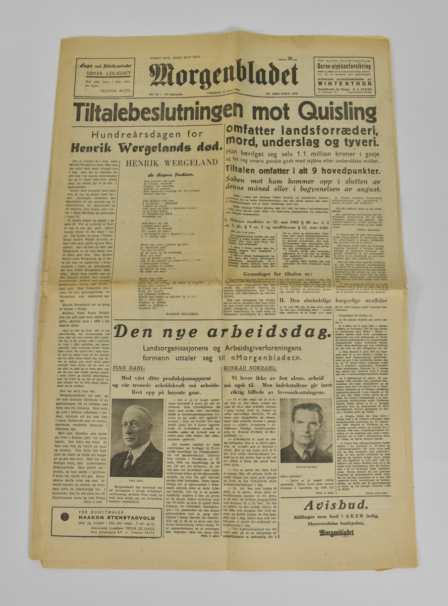 Avis med tittel, foto og overskrifter. Hovudoppslaget er: Tiltalebeslutningen mot Quisling.