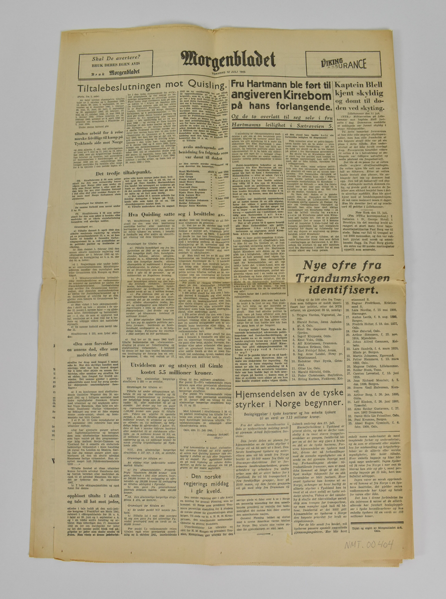 Avis med tittel, foto og overskrifter. Hovudoppslaget er: Tiltalebeslutningen mot Quisling.