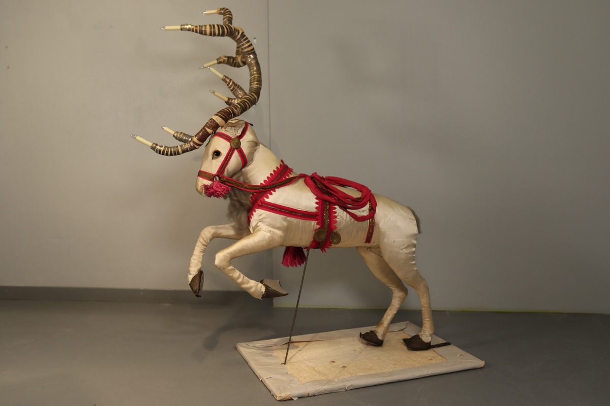 Utstillingsfigur montert på plate. Figuren er utformet som et reinsdyr i hvitt, silkeaktig stoff med brune klover og filtøyne. Geviret er surret inn med gullbånd og har sokler til lyspærer i taggene. Geviret er avtagbart. Reinsdyret har seletøy i rosa og lilla filt med gulltråd og runde metallplater. Juletrelysene til geviret er Philips 14v. Det stikker ender av ledninger ut av både kroppen og geviret. 

Reinsdyret består av flere deler:
a - kropp montert på plate med metallstøtte foran og bena skrudd fast bak. På et tidspunkt har noen stiftet fast papir over ytterkantene av det originalet stoffet.
b - gevir med plass til 8 lyspærer
c - gevir med plass til 7 lyspærer
d - løs pyntedusk
e - grå ledning
f til u - 16 lyspærer