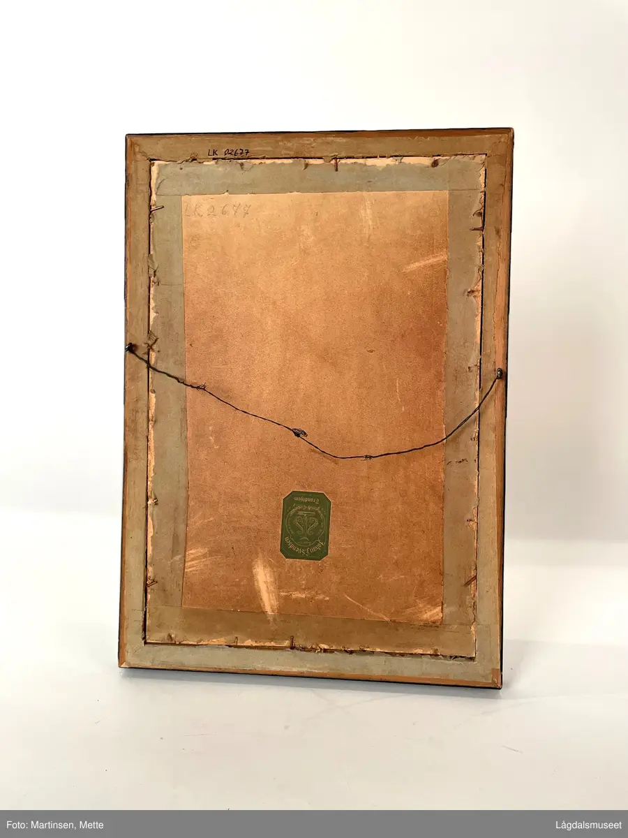 Plakat med fotografier av besetningen som var med på Gjøaekspedisjonen gjennom Nordvest-passasjen 1903-1906. Bilde av "Gjøa" i midten. Bilde av åtte menn omkranser skipet. Profilert svartlakkert ramme av tre med glass foran. Bak øyekroker og ståltråd for oppheng.