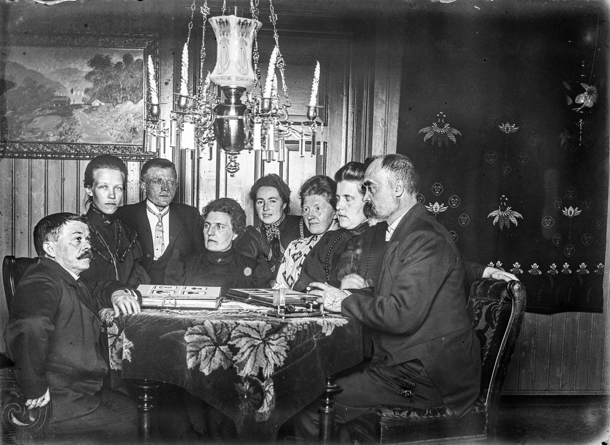 Stange, Frangstua, Frangstøen, gruppe 8 i et interiør, ser på fotoalbum, fra venstre: tannlege Haug, Anna Kristiansen, Knut Eidal, Thora Ringsby f. Blekastad, Antonie Børdahl, frk. Krogstad, frk, Blekastad, og meieribestyrer M. Ringsby (1858-1912)