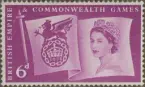 Frimärke ur Gösta Bodmans filatelistiska motivsamling, påbörjad 1950. 
Frimärke från England, 1958. Motiv av Drottning Elizabeth II. Krona. Kedja. VI:th British Empire & Commonwealth Games.