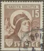 Frimärke ur Gösta Bodmans filatelistiska motivsamling, påbörjad 1950.
Frimärke från Sverige, 1941. Motiv av Heliga Birgitta 1303-1373 -Sveriges enda helgon- 