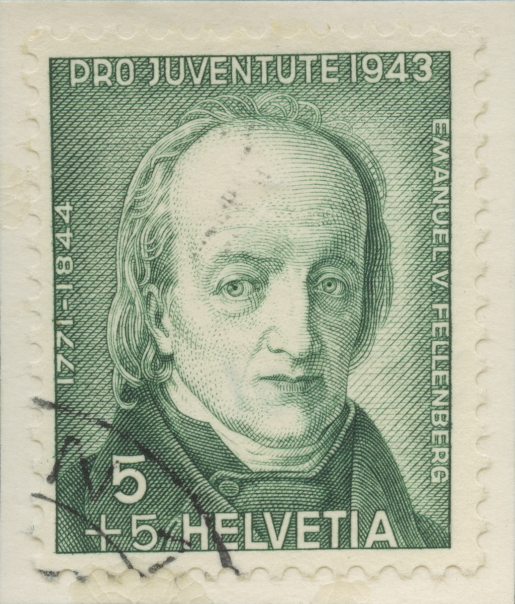 Frimärke ur Gösta Bodmans filatelistiska motivsamling, påbörjad 1950.
Frimärke från Schweiz, 1943. Motiv av Emanuel von Fellenberg 1771-1844 Filantrop Pedagog -100-årsminnet av hans födelse: 1844-1944-
