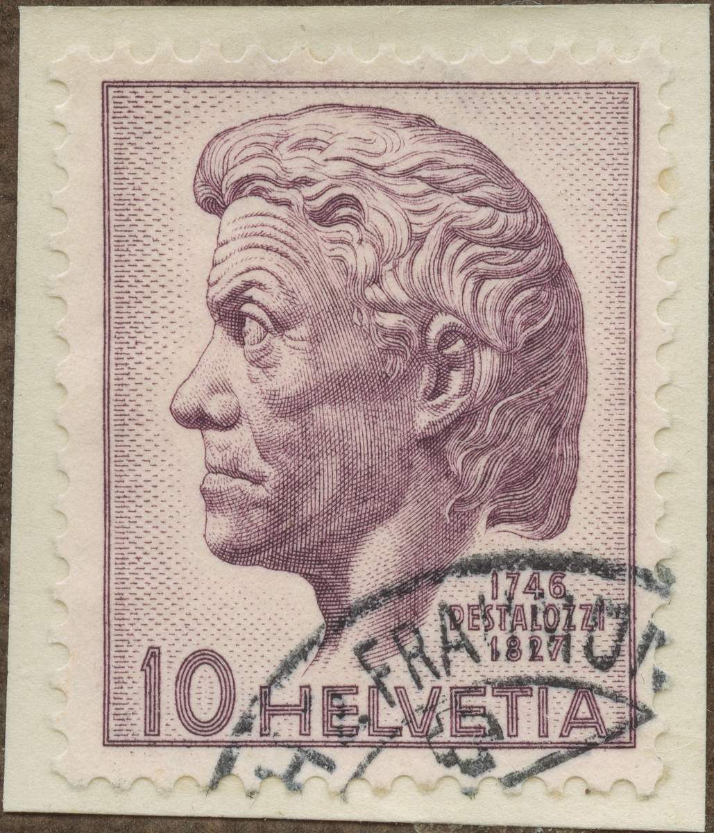 Frimärke ur Gösta Bodmans filatelistiska motivsamling, påbörjad 1950.
Frimärke från Schweiz, 1946. Motiv av Johann Heinrich Pestalozzi 1746-1827 Pedagog. -200-årsminne av hans födelse. 1746-1946.-