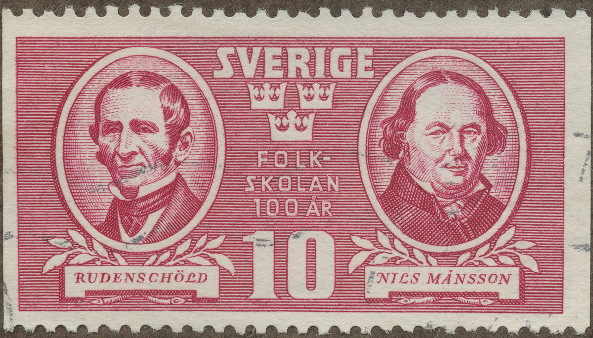 Frimärke ur Gösta Bodmans filatelistiska motivsamling, påbörjad 1950.
Frimärke från Sverige, 1942. Motiv av Initiativtagarne till obligatorisk folkskola Torsten Rudenschöld 1798-1859 Social skriftställare. Folkuppfostran
Nils Månsson i Skumparp 1776- 1837 Riksdagsman Den svenska folkskolan 100 år 1842-1942