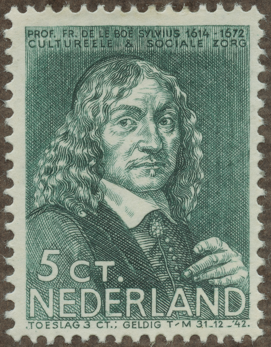 Frimärke ur Gösta Bodmans filatelistiska motivsamling, påbörjad 1950.
Frimärke från Nederländerna, 1937. Motiv av Frans Sylvius de la Boé 1614-1672. Läkare. Kemist. Iatrokemist. Blev 1660 professor i Leyden.