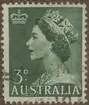 Frimärke ur Gösta Bodmans filatelistiska motivsamling, påbörjad 1950.
Frimärke från Australien, 1953. Motiv av Elisabeth II Drottning av England