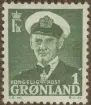 Frimärke ur Gösta Bodmans filatelistiska motivsamling, påbörjad 1950.
Frimärke från Grönland, 1950. Motiv av Konung Frederik IX av Danmark f. 1899- g.m. prinsessan Ingrid av Sverige 1935.