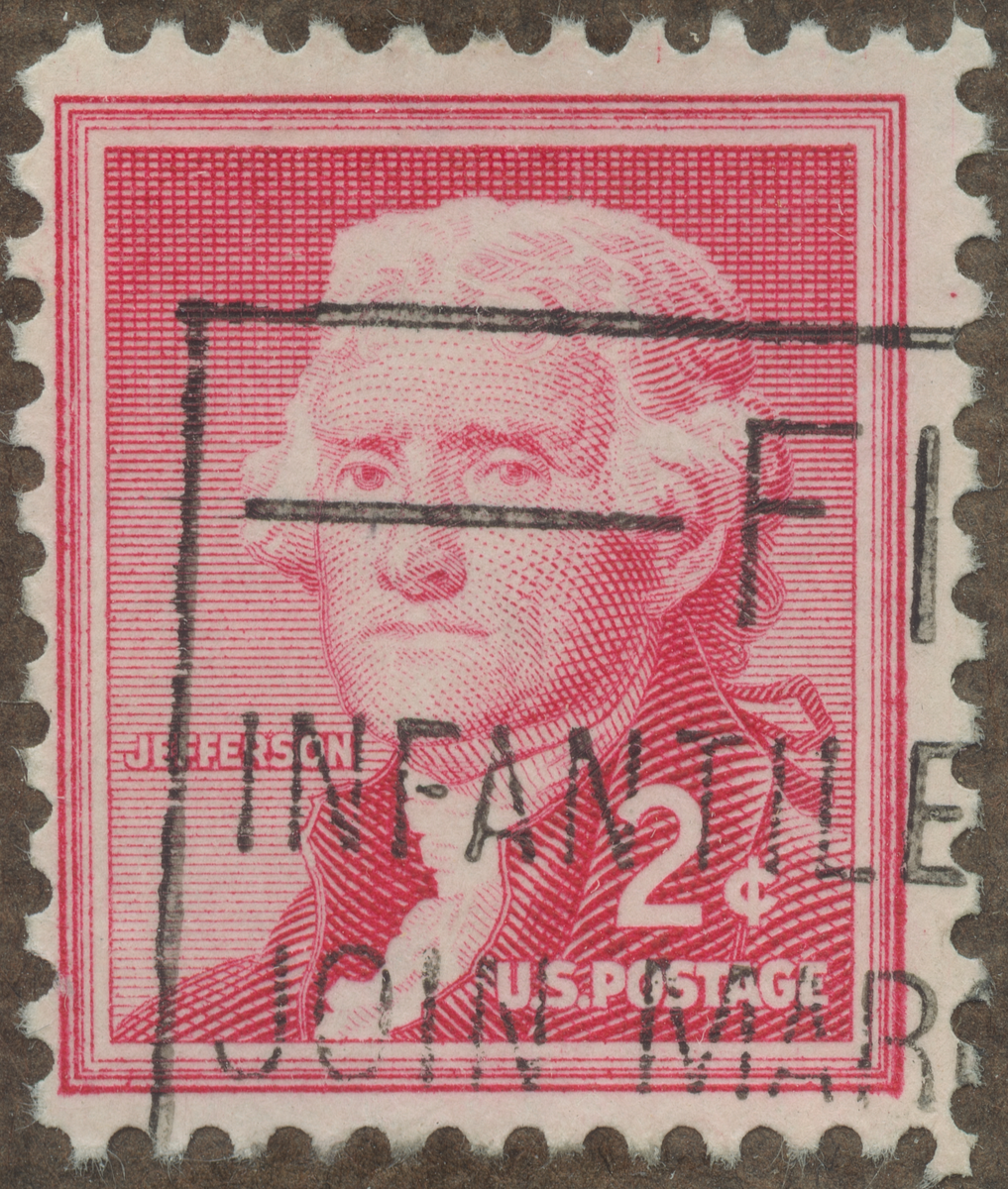 Frimärke ur Gösta Bodmans filatelistiska motivsamling, påbörjad 1950.
Frimärke från U.S.A., 195. Motiv av Thomas Jefferson 1743-1826 Advokat Utarbetade "The Declaration of Independence" USA:s 3-dje President: 1801-1809.