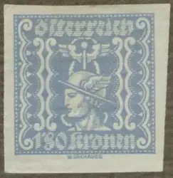 Frimärke med motiv av Merkuriushuvud. Symbol för tidningspos