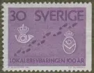 Frimärke ur Gösta Bodmans filatelistiska motivsamling, påbörjad 1950.
Frimärke från Sverige, 1962. Motiv av Posthorn. Krona -Symboler för postverket- Svenska Lokalbrevbärningen 100 år: 1862-1962.