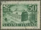 Frimärke ur Gösta Bodmans filatelistiska motivsamling, påbörjad 1950.
Frimärke från Finland, 1938. Motiv av Posthuset i Ahvenkosken 1787. Finska posten 300 år 1683-1938.