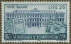 Frimärke ur Gösta Bodmans filatelistiska motivsamling, påbörjad 1950.
Frimärke från Italien, 1956. Motiv av Huvudpostbyggnaden i Rom Sedlar 80-årsminne Sparbanken 