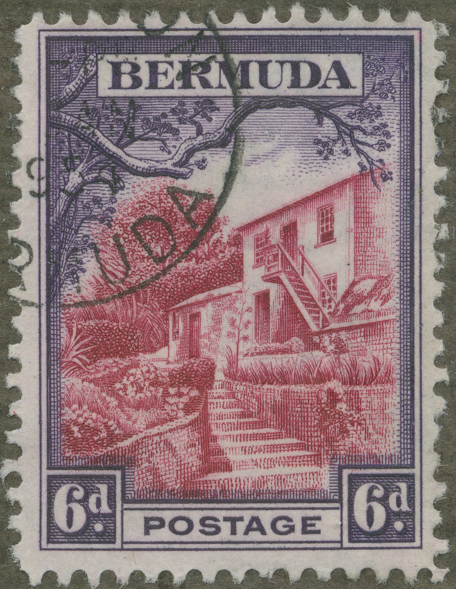 Frimärke ur Gösta Bodmans filatelistiska motivsamling, påbörjad 1950.
Frimärke från Bermuda, 1936. Motiv av Postmästare bostad: W. B. Perot  Par-La-Ville, Bermuda