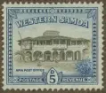 Frimärke ur Gösta Bodmans filatelistiska motivsamling, påbörjad 1950.
Frimärke från Samoa, 1949. Motiv av Postbyggnaden i Apia Samoa