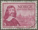 Frimärke ur Gösta Bodmans filatelistiska motivsamling, påbörjad 1950.
Frimärke från Norge, 1947. Motiv av Hannibal Sehested 1609-1666 Ståthållare i Norge. Grundade Norges postväsen Norge post 300 år 1647-1947