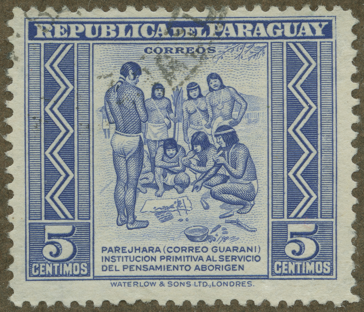 Frimärke ur Gösta Bodmans filatelistiska motivsamling, påbörjad 1950.
Frimärke från Paraguay, 1944. Motiv av Mycket primitiv posttjänst